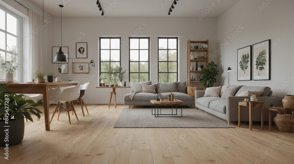 Fototapeta premium Beautiful modern living room, electric with plant elements