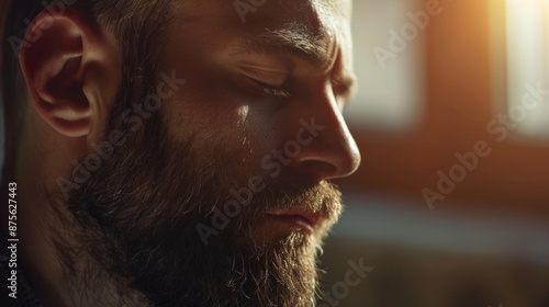 Lonely and depressed adult man with eyes closed at home generative ai