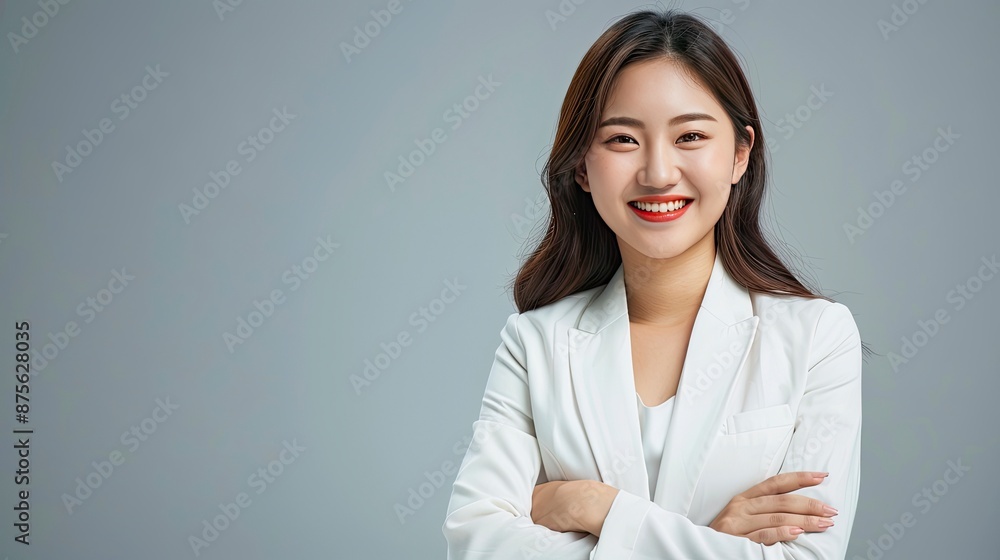 Asian male executive with beatiful hair She smiled brightly and confidently stood with her arms crossed. She wore a white suit. and stand to take pictures with a gray scene - generative ai Asian male executive with beatiful hair She smiled brightly and confidently stood with her arms crossed. She wore a white suit. and stand to take pictures with a gray scene - generative ai