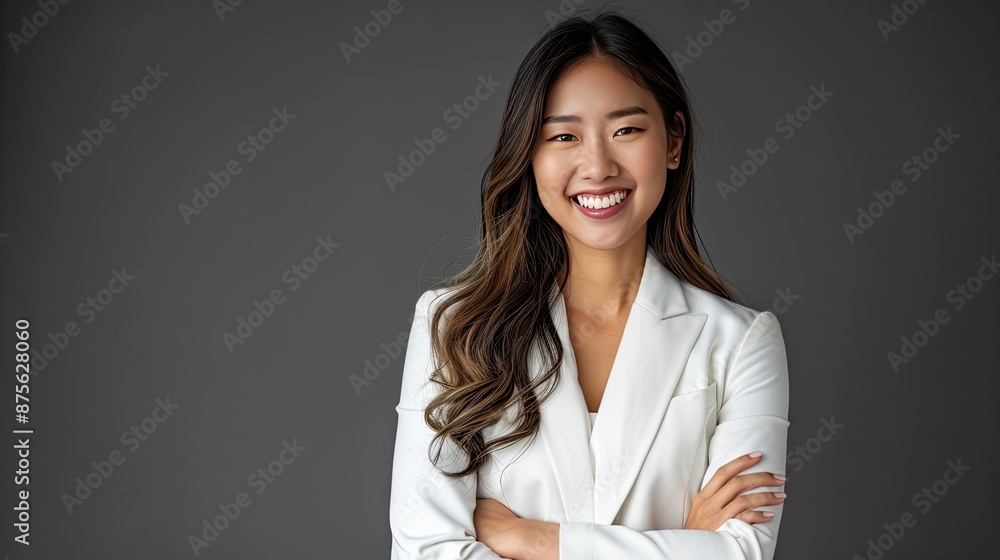 Asian male executive with beatiful hair She smiled brightly and confidently stood with her arms crossed. She wore a white suit. and stand to take pictures with a gray scene - generative ai Asian male executive with beatiful hair She smiled brightly and confidently stood with her arms crossed. She wore a white suit. and stand to take pictures with a gray scene - generative ai