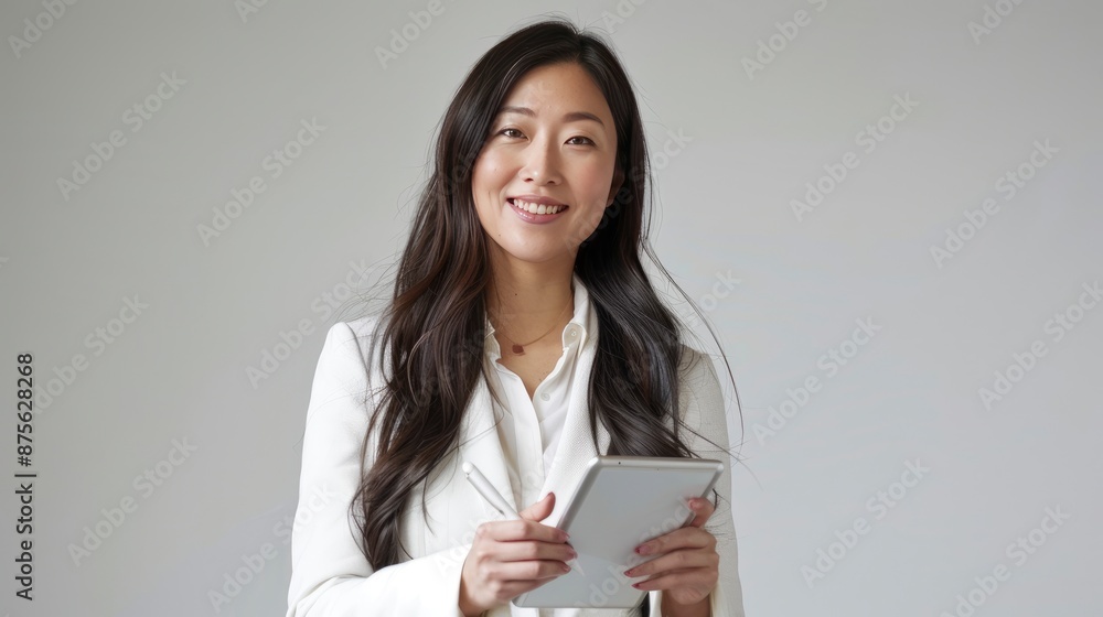 Asian male executive with beatiful hair She smiled brightly and confidently stood with her arms crossed. She wore a white suit. and stand to take pictures with a gray scene - generative ai Asian male executive with beatiful hair She smiled brightly and confidently stood with her arms crossed. She wore a white suit. and stand to take pictures with a gray scene - generative ai