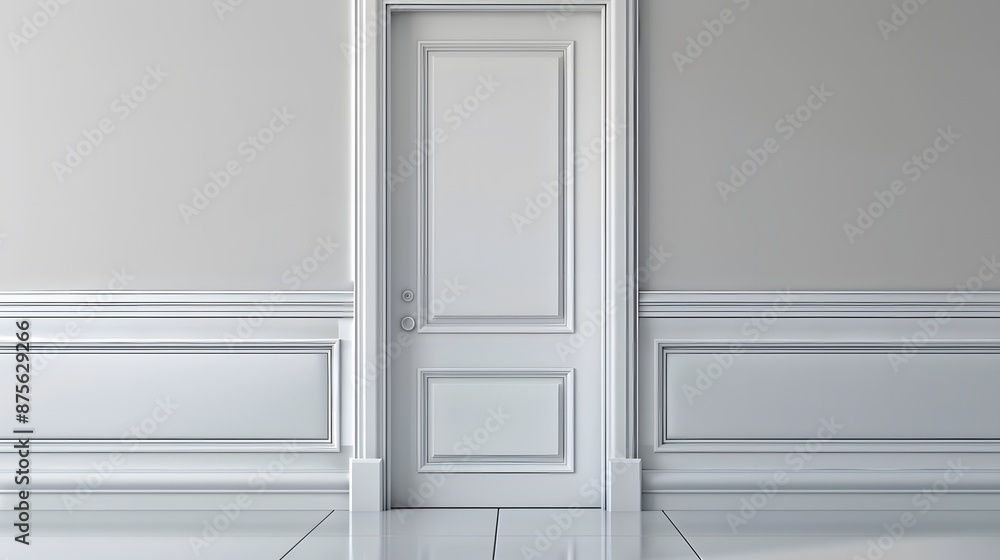 White door with decorative moldings in a modern interior. White door with decorative moldings in a modern interior.