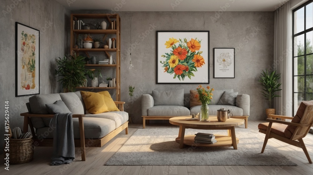 Fototapeta premium Beautiful modern living room, electric with plant elements
