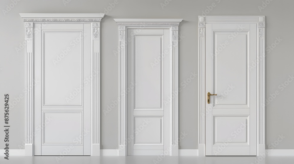 Elegant White Doors with Ornate Frames. Elegant White Doors with Ornate Frames.