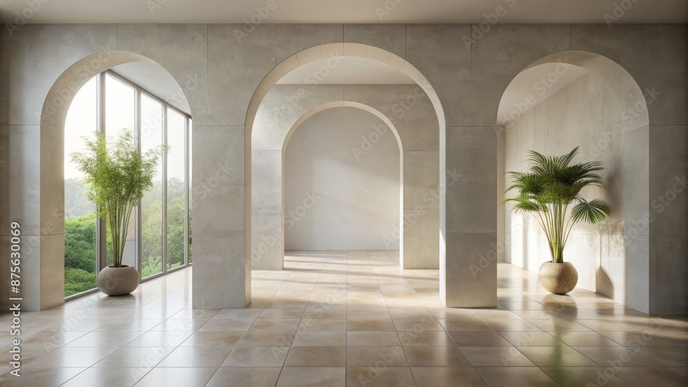 Modern minimalist archgate interior design features sleek ceramic porcelain tile flooring and walls in a serene, empty, neutral-colored space. Modern minimalist archgate interior design features sleek ceramic porcelain tile flooring and walls in a serene, empty, neutral-colored space.
