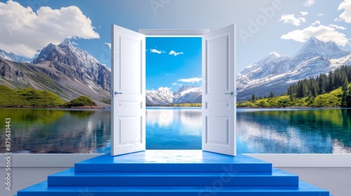 Mountain view from a window with open frame and clear blue sky photo