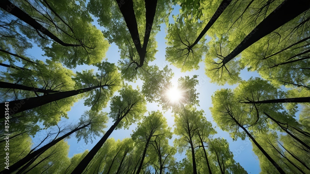 Obraz premium Looking up Green forest. Trees with green Leaves, blue sky and sun light. Bottom view