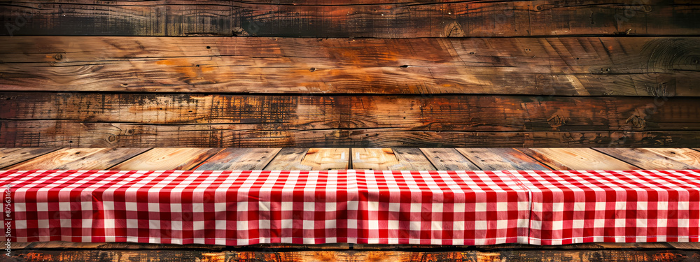 Checkered tablecloth on a wooden table, ready for a rustic meal