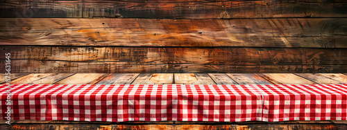 Obraz na płótnie Checkered tablecloth on a wooden table, ready for a rustic meal w salonie