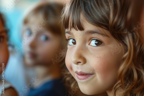 Close up photography of child whispering at classroom with blurring background. Happy elementary student chitchatting or talking or sharing secret together with diverse friend with curious. AIG42. photo