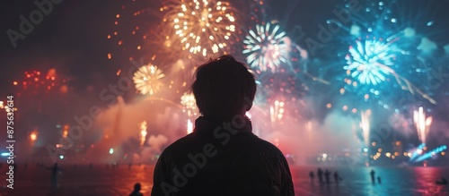 Silhouette of people watching firework display in the night sky. New year eve celebration concept.