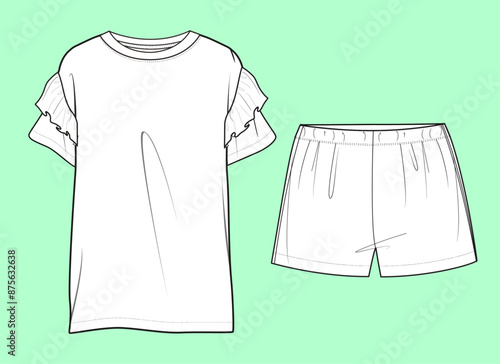 ladies nightwear drop shoulder tee and shorts flat sketch vector.