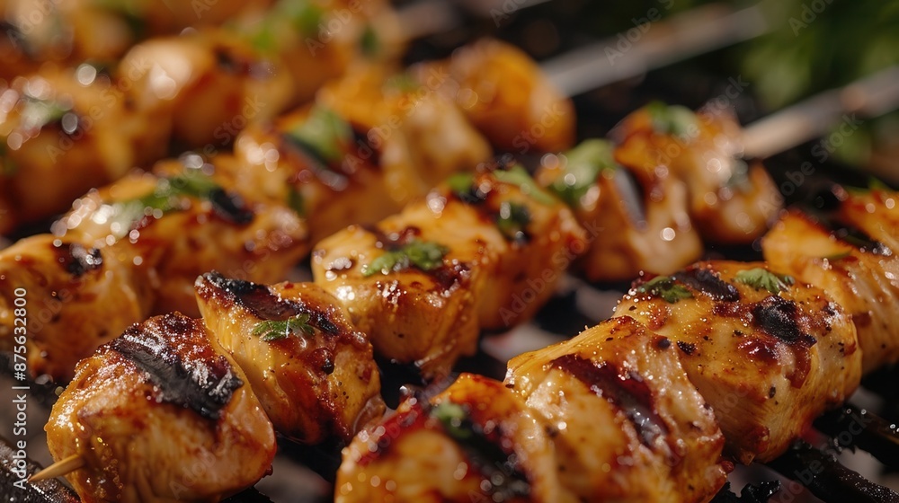 Grilled chicken skewers closeup, with perfect grill marks and sizzling juices, capturing the essence of savory delight Grilled chicken skewers closeup, with perfect grill marks and sizzling juices, capturing the essence of savory delight