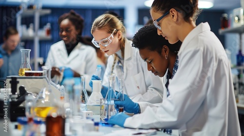 A bustling science lab filled with enthusiastic students conducting experiments, capturing the excitement of scientific exploration and the joy of discovery.