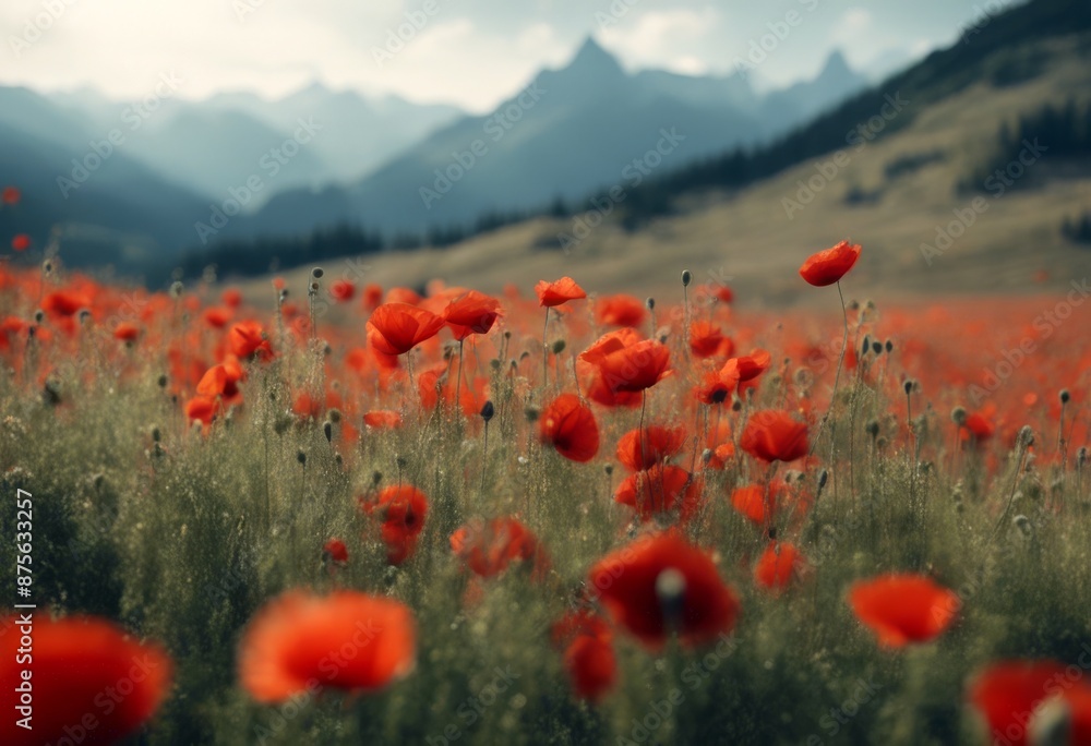 Obraz premium sunlight person woman nature landscape scene poppy twilight gold mountain flowers magical mountains magic trees sunset red