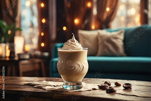 Baileys: A glass of Baileys with a swirl of cream, placed on a polished wooden table.