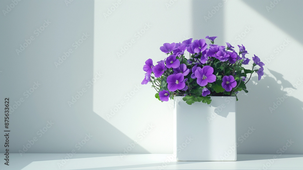 Fototapeta premium a product photoshoot of a unique exotic Sumire Violet bouquet placed in white square pot, minimalistic japanese look, completely white background with slight shadow of the pot on the tabletop