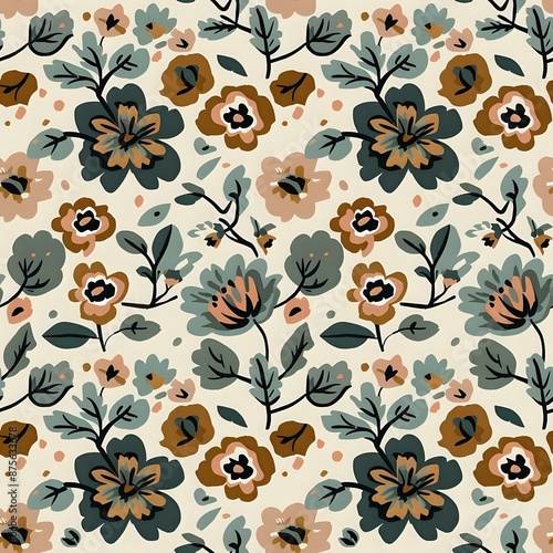 Stylized Floral Fabric Design with Geometric Elements