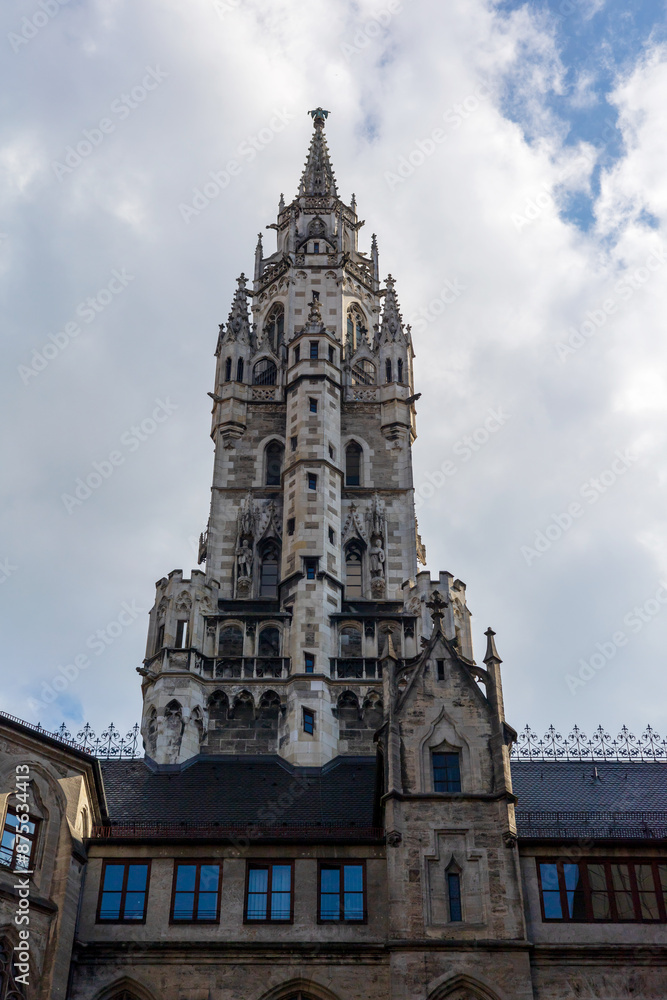 Ornate Gothic Architecture of Historic Tower Inside Munich Marienplatz Neues Rathaus Ornate Gothic Architecture of Historic Tower Inside Munich Marienplatz Neues Rathaus