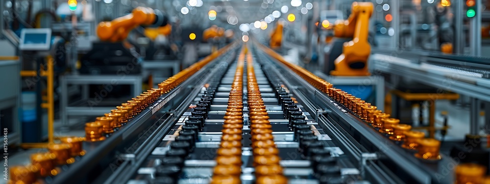 Mass production assembly line of electric vehicle battery cells close-up view Mass production assembly line of electric vehicle battery cells close-up view