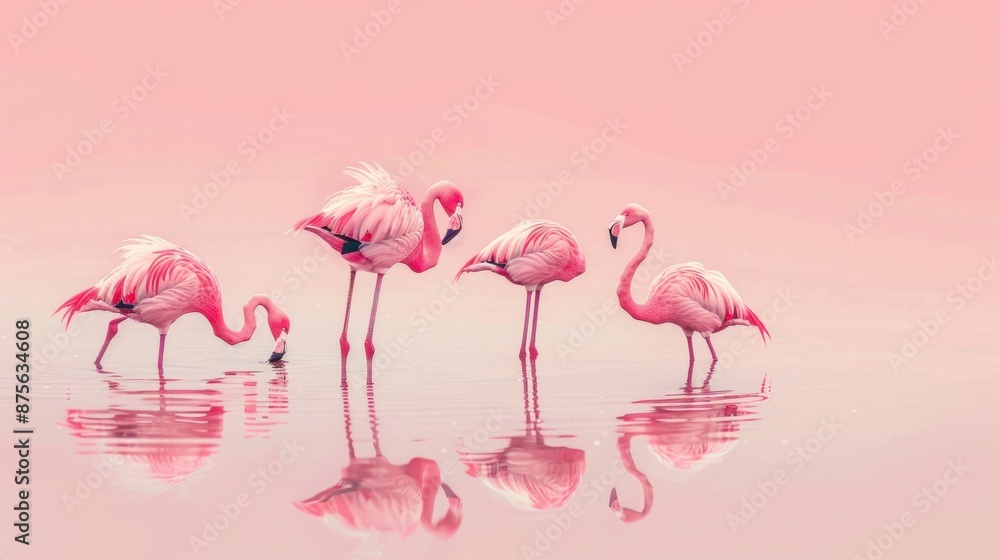 Obraz premium A group of flamingos wading in a shallow lake, their pink feathers reflecting in the water