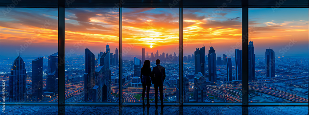 Silhouette of a woman at sunset overlooking a modern city skyline