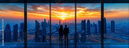 Obraz na płótnie Silhouette of a woman at sunset overlooking a modern city skyline w salonie