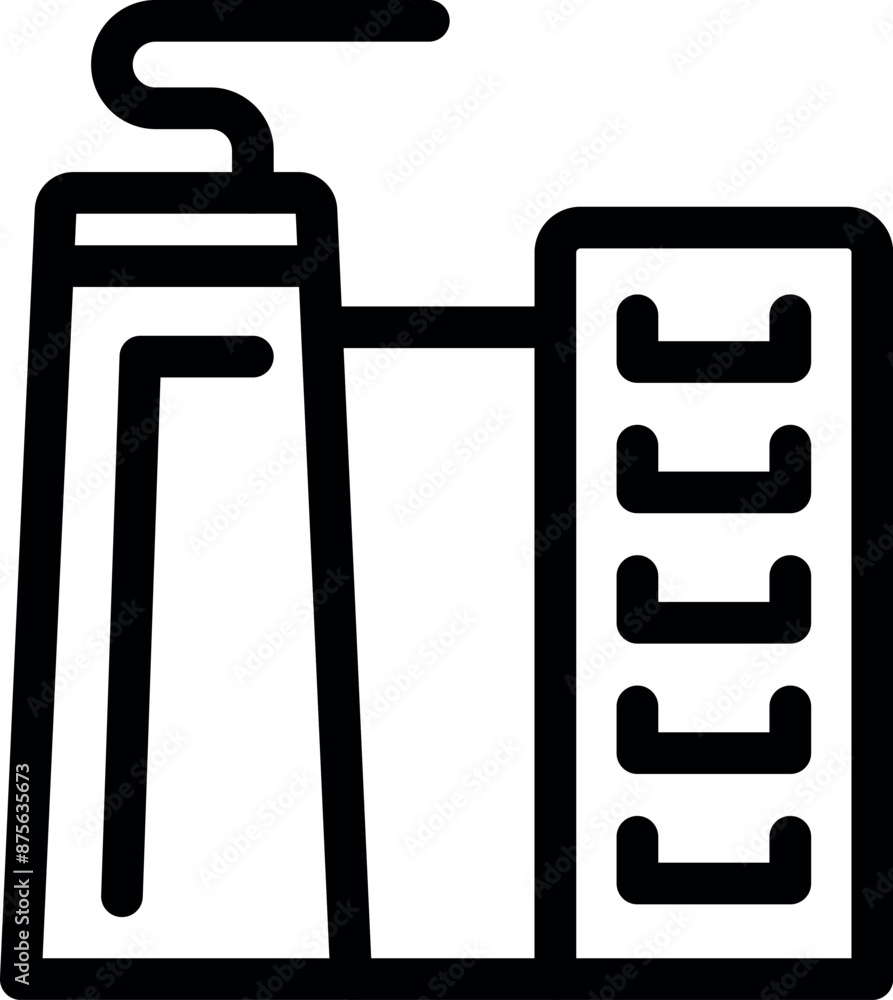 Simple bold line art icon representing a factory building with an attached smokestack Simple bold line art icon representing a factory building with an attached smokestack