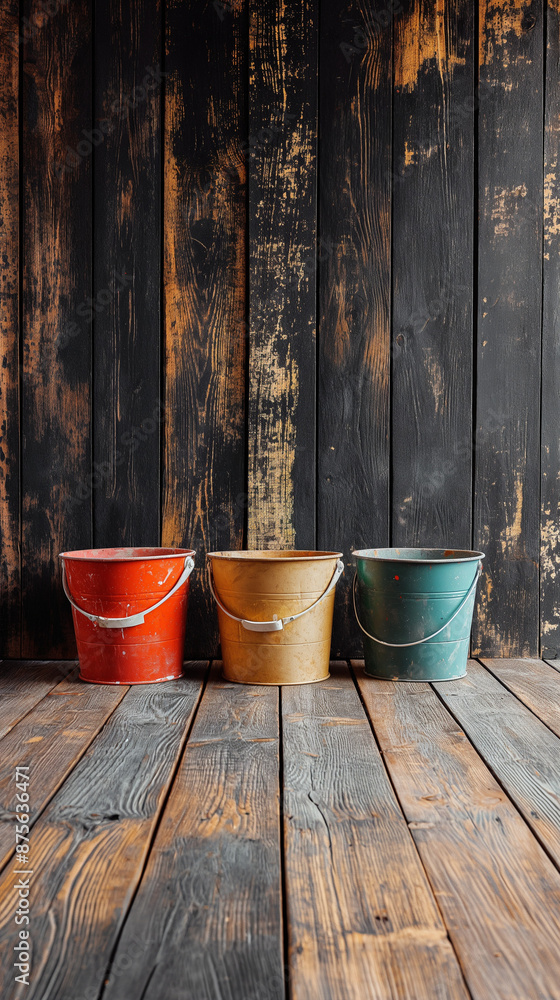 Clean wooden floor with buckets full of paint colors standing on it, ultra realistic, real life photo post for Clean wooden floor with buckets full of paint colors standing on it, ultra realistic, real life photo post for