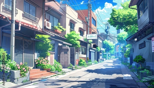 city streets landscape building anime style, anime style cartoon