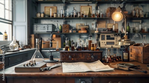 A vintage science lab filled with antique equipment and handwritten notes, evoking a sense of nostalgia for the early days of scientific exploration and groundbreaking discoveries. © สุพัฒตรา แสนพลี