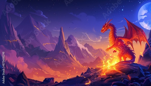 dragon fire and mountains, cartoon anime style