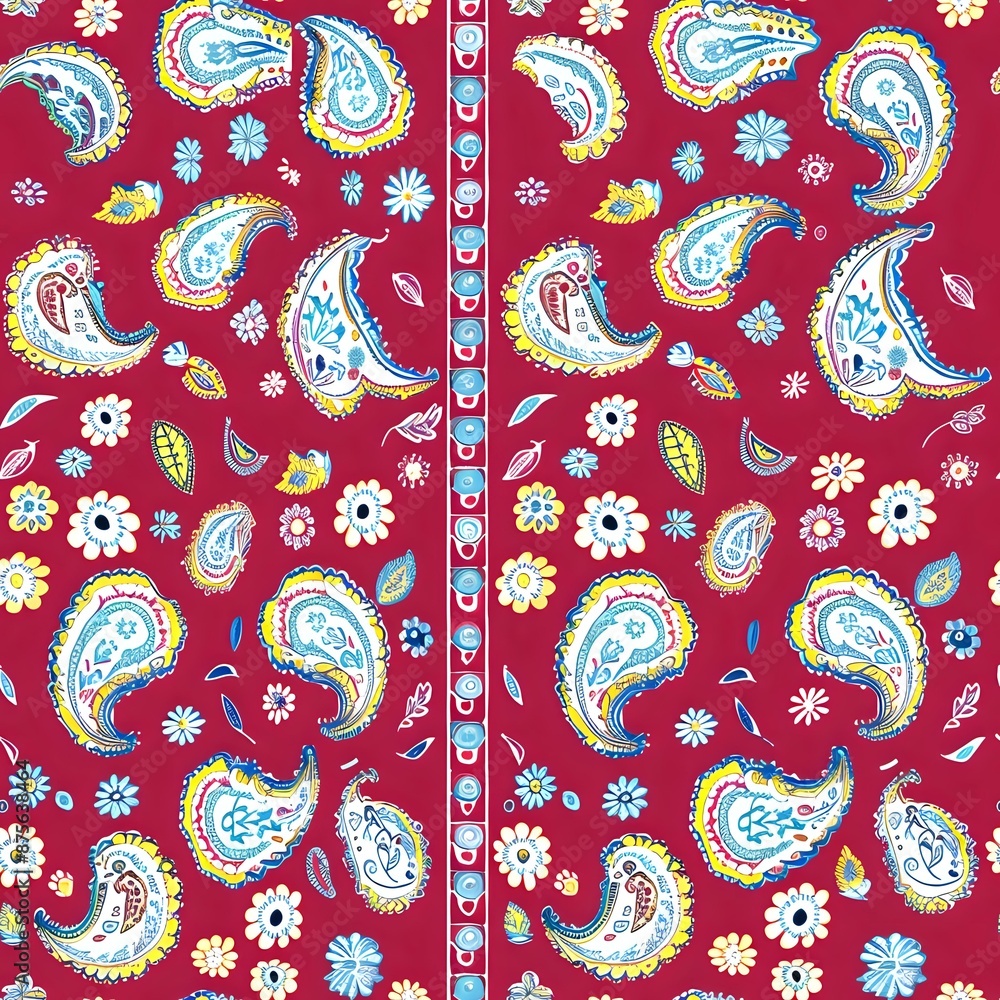 Fototapeta premium Indian Inspired Paisley Fabric Print in Orange, Pink, and Green