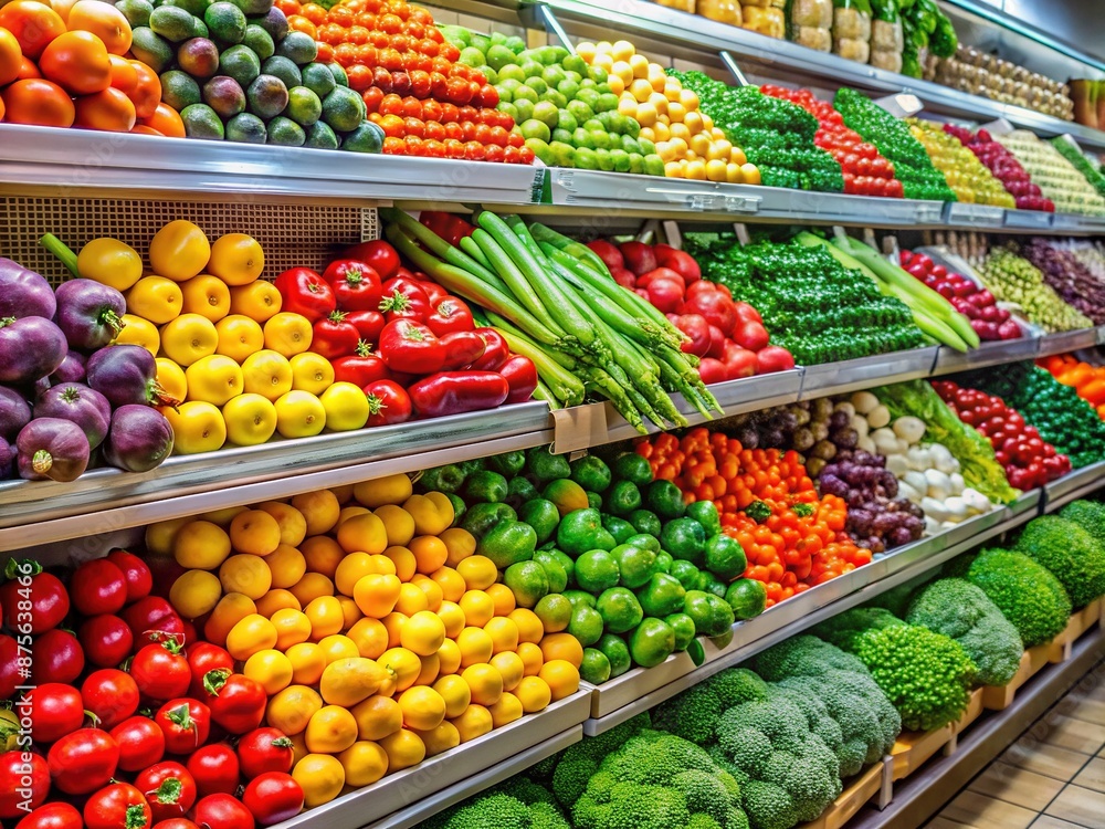 Colorful fresh fruits and vegetables arranged attractively on a shelf in a well-organized supermarket, showcasing a variety of healthy food options for customers. Colorful fresh fruits and vegetables arranged attractively on a shelf in a well-organized supermarket, showcasing a variety of healthy food options for customers.
