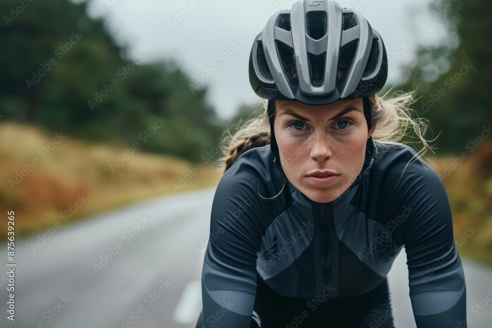 A close-up of a female rider on the road A close-up of a female rider on the road