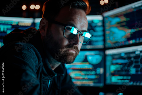 A man wearing glasses is staring at a computer screen with multiple monitors. Concept of focus and concentration as the man looks at the screens © Gabriela