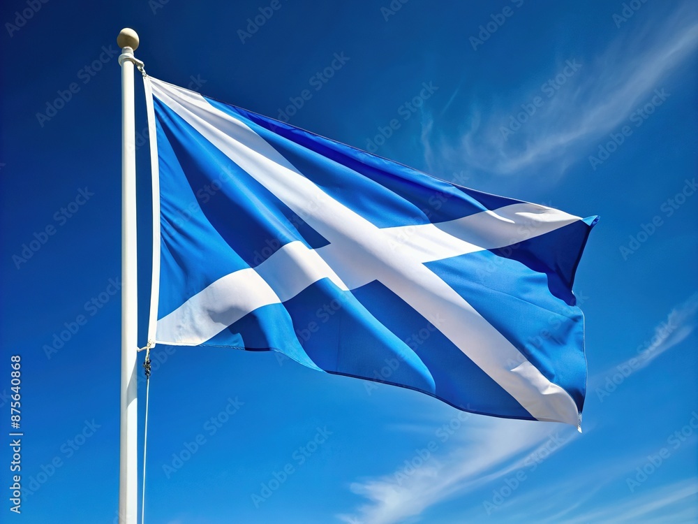 Φωτογραφία Vibrant white saltire on a blue background, proudly waving in the wind, symbolizing Scotland's rich heritage and national identity, against a clear sky