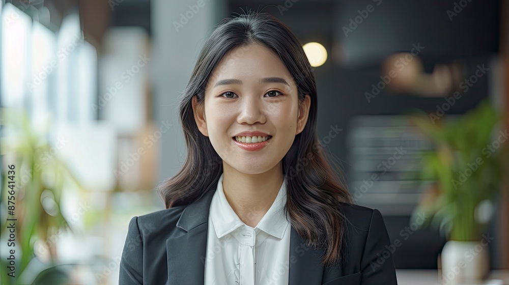 Happy young Asian saleswoman looking at camera welcoming client. Smiling woman executive manager, secretary offering professional business services holding digital tablet . Portrait - generative ai Happy young Asian saleswoman looking at camera welcoming client. Smiling woman executive manager, secretary offering professional business services holding digital tablet . Portrait - generative ai