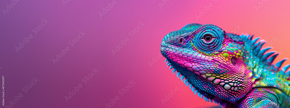 Obraz premium Close-up of a Colorful Lizard Against a Pink and Purple Gradient Background with Copy Space