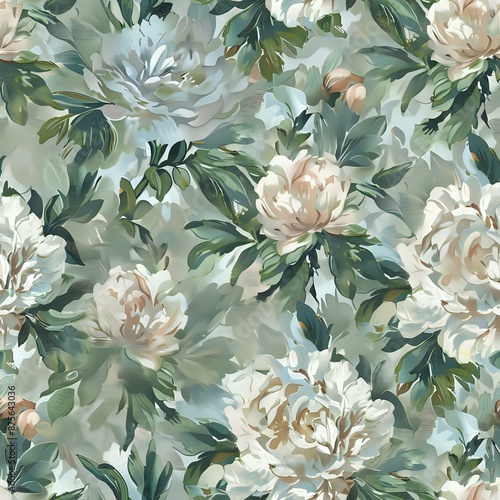 Painterly Peony Flower Grid Pattern with Green Leaves