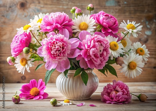 Wallpaper Mural Vibrant bouquet of pink peonies and delicate daisies surround a stunning porcelain vase, symbolizing feminine beauty and strength on International Women's Day. Torontodigital.ca