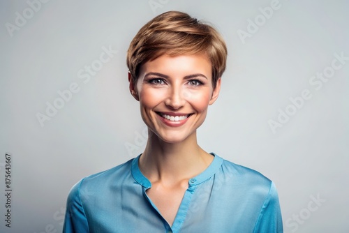 Happy female model with short haircut and blue blouse stands confidently against a transparent background, radiating warmth and friendliness with her bright smile.