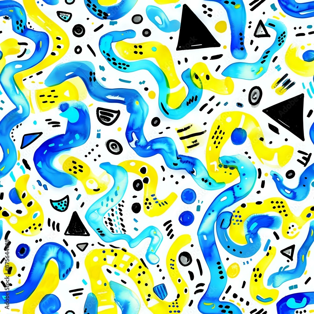 Whimsical Blue and Yellow Memphis Style Pattern with Black and White Accents Whimsical Blue and Yellow Memphis Style Pattern with Black and White Accents