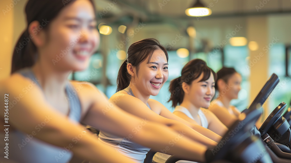 A group of Asian people working out in the gym, riding bicycles and smiling at each other A group of Asian people working out in the gym, riding bicycles and smiling at each other