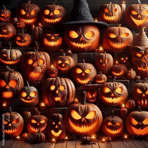 Jack-o'-Lanterns: A variety of carved pumpkins with different expressions, arranged in a spooky and artistic manner for Halloween. photo