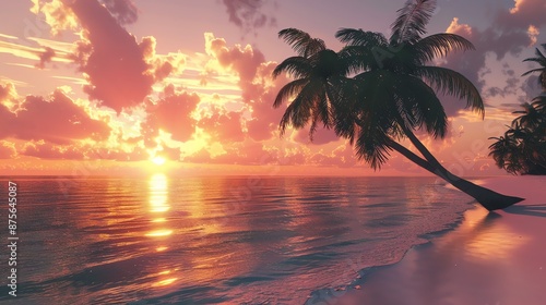 Amazing vivid sunset over calm sea with palm trees on sandy beach. Pink, orange and yellow colors of sky and clouds reflecting in water. photo