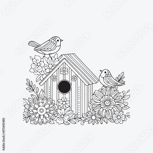 Bird House Spring Coloring Page for Adults  A bird should be standing on top of the birdhouse Coloring Page Kid's coloring book