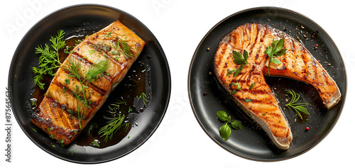 Fish steak in a black plate on transparent background