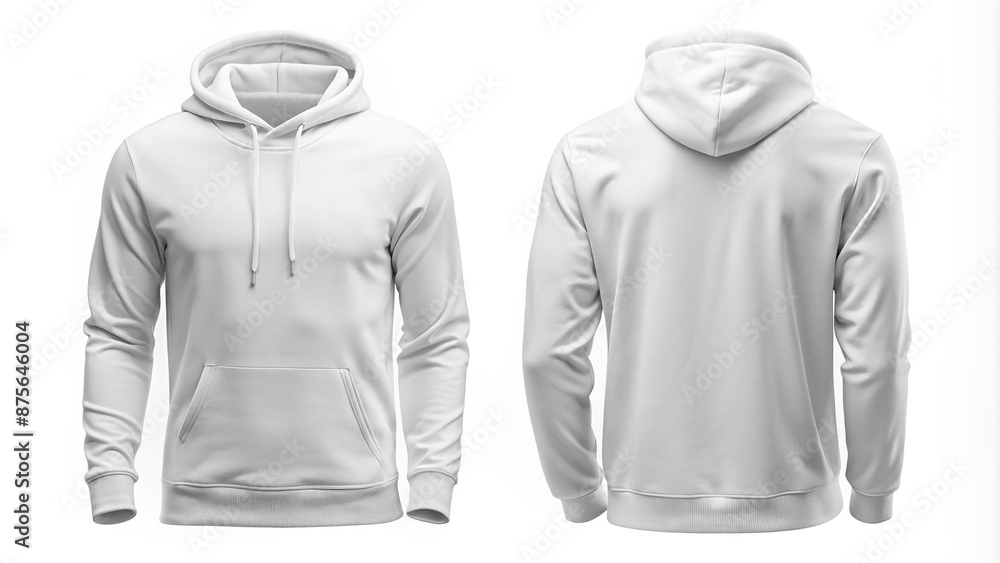 Empty white hoodie sweatshirt with long sleeves and clipping path, isolated on a pure white background, perfect for design mockup and print projects. Empty white hoodie sweatshirt with long sleeves and clipping path, isolated on a pure white background, perfect for design mockup and print projects.