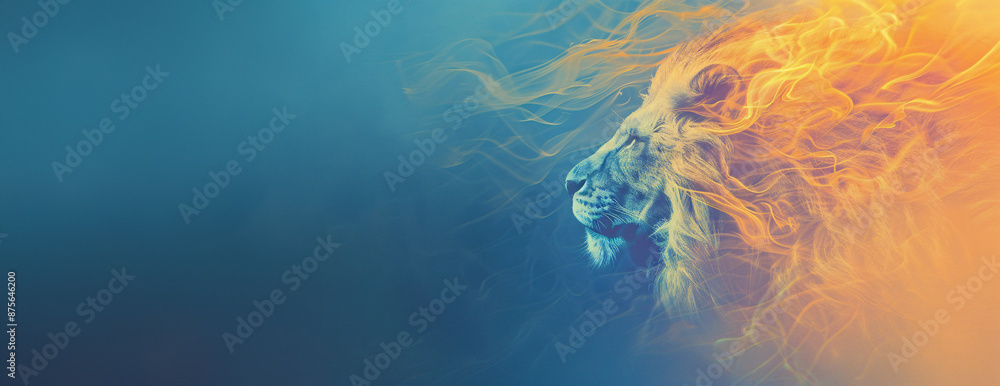 Obraz premium Fiery Lion Profile in a Blue Haze with copy space